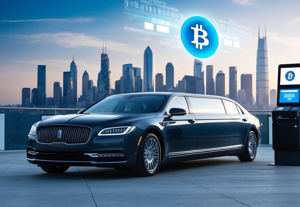 A sleek limousine parked in front of a futuristic city skyline, with a digital Bitcoin symbol displayed on a payment terminal