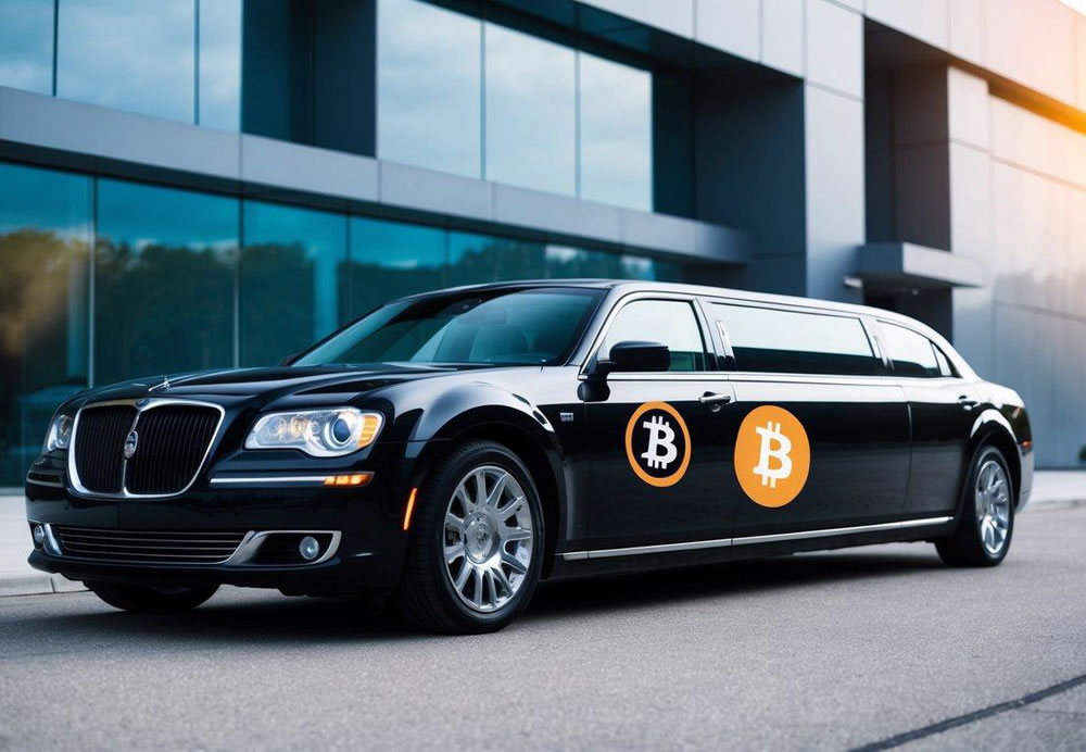 A sleek limousine parked in front of a modern building, with a Bitcoin logo displayed prominently on the side