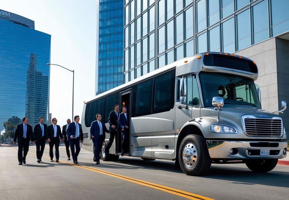 A sleek charter bus pulls up to a modern office building in downtown Los Angeles, with a team of professionals boarding for a seamless corporate transport experience