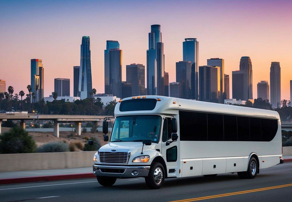 A charter bus driving past iconic Los Angeles landmarks